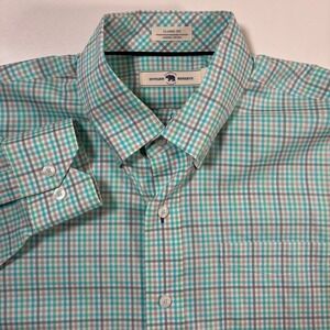 Onward Reserve Button Down Shirt Medium Teal Grey Plaid Classic Nylon Stretch